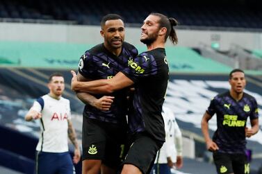 Soccer Football - Premier League - Tottenham Hotspur v Newcastle United - Tottenham Hotspur Stadium, London, Britain - September 27, 2020 Newcastle United's Callum Wilson celebrates scoring their first goal with Andy Carroll Pool via REUTERS/Andrew Boyers EDITORIAL USE ONLY. No use with unauthorized audio, video, data, fixture lists, club/league logos or 'live' services. Online in-match use limited to 75 images, no video emulation. No use in betting, games or single club /league/player publications. Please contact your account representative for further details.