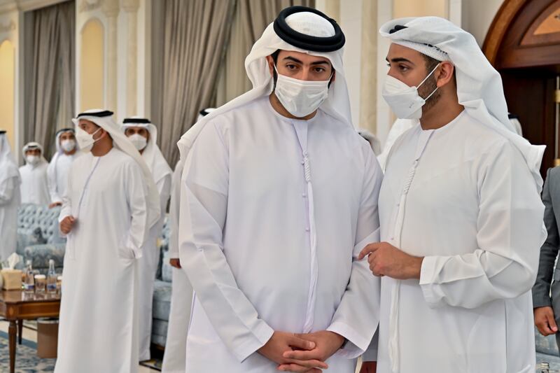 Sheikh Mohamed bin Sultan bin Khalifa and Sheikh Zayed bin Sultan bin Khalifa at Mushrif Palace. 