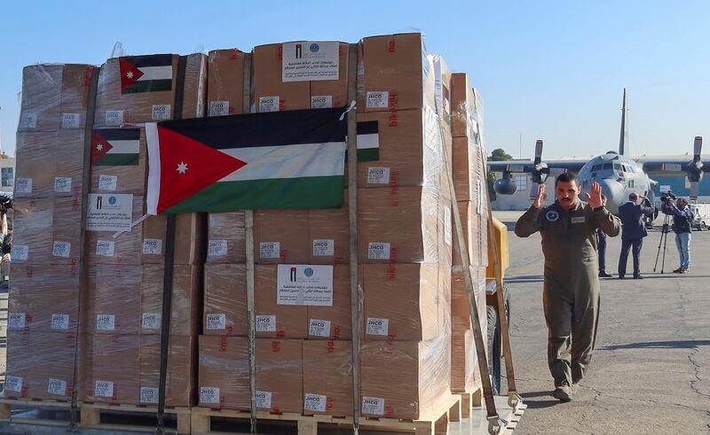Boxes of humanitarian aid and supplies from Jordan Hashemite Charity Organisation destined for Gaza, in Amman, Jordan. Reuters