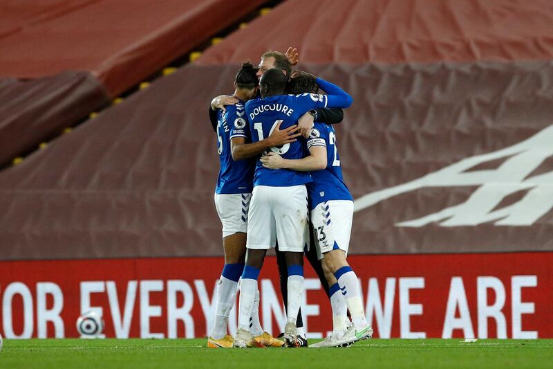 Dominic Calvert-Lewin, Abdoulaye Doucoure, Duncan Ferguson and Seamus Coleman celebrate the win at Anfield. Getty