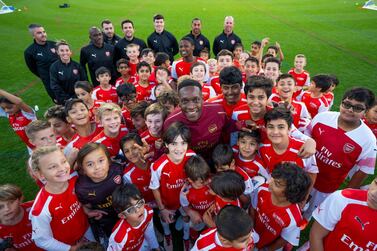 Arsenal and England striker Danny Welbeck made a guest appearance at Arsenal Soccer School Dubai on Wednesday. Courtesy Emirates Media