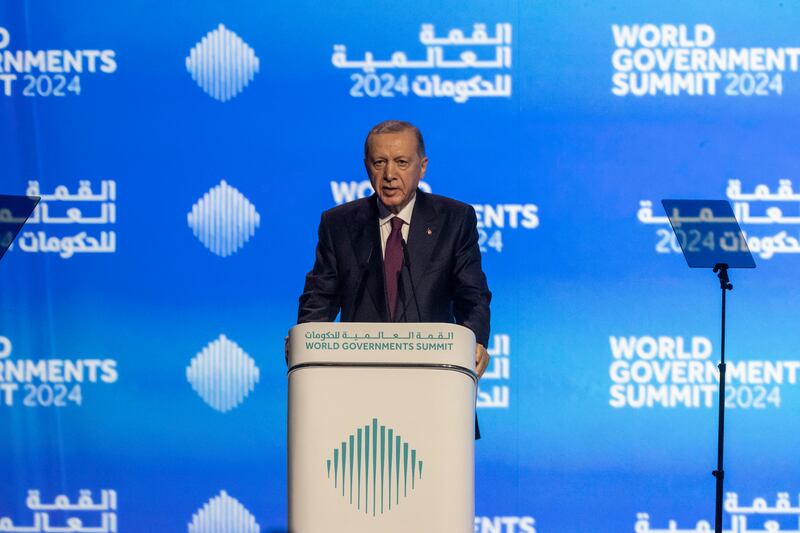 Turkey's President Recep Tayyip Erdogan speaks at the World Governments Summit in Dubai on Tuesday. Antonie Robertson / The National