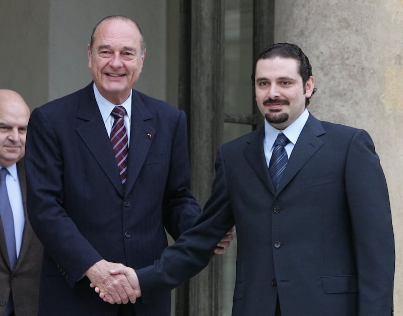 Former French president Jacques Chirac with Hariri in 2005, after a meeting at the Elysee palace in Paris.