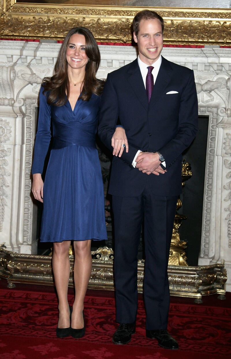 LONDON, ENGLAND - NOVEMBER 16:  Prince William and Kate Middleton pose for photographs in the State Apartments of St James Palace on November 16, 2010 in London, England. After much speculation, Clarence House today announced the engagement of Prince William to Kate Middleton. The couple will get married in either the Spring or Summer of next year and continue to live in North Wales while Prince William works as an air sea rescue pilot for the RAF. The couple became engaged during a recent holiday in Kenya having been together for eight years.  (Photo by Chris Jackson/Getty Images) *** Local Caption ***  GYI0062492148.jpg