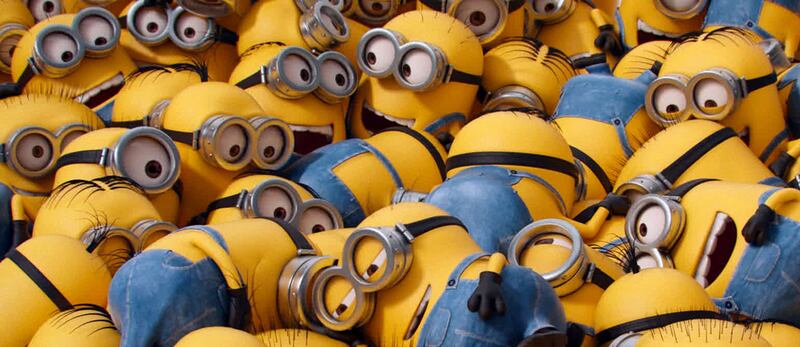 Several minions appear in a scene from the animated feature, 'Minions' in this image released by Universal Pictures. A minion stuffed toy saved a young girl in Colorado Springs when the toy helped cushion her fall from a window three floors above ground.  Illumination Entertainment/Universal Pictures via AP