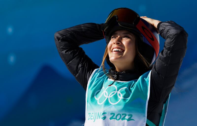 Eileen Gu of China celebrates winning the women's freestyle skiing big air final at the Beijing 2022 Winter Olympics. EPA