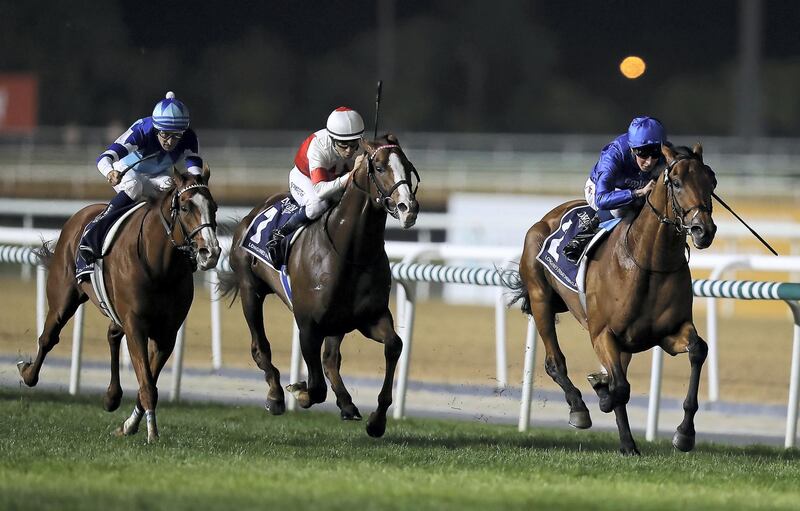 DUBAI , UNITED ARAB EMIRATES , MARCH 30  – 2018 :- Old Persian (GB) ridden by William Buick ( no 2 right ) won the 8th horse race Longines Dubai Sheema Classic 2410m turf  during the Dubai World Cup held at Meydan Racecourse in Dubai. ( Pawan Singh / The National ) For News/Sports/Instagram/Big Picture. Story by Amith/Rupert