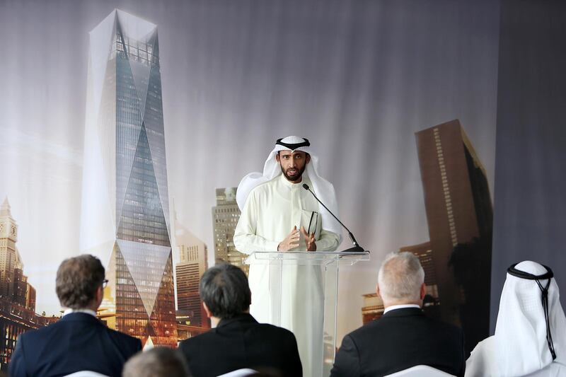 DUBAI , UNITED ARAB EMIRATES – Jan 20 , 2016 : Mohammed Al Shaibani , Executive Director & CEO of the Investment Corporation of Dubai speaking during the ICD Brookfield Place groundbreaking ceremony near DIFC in Dubai. ( Pawan Singh / The National ) For Business. Story by Michael Fahy. ID no : 47373 *** Local Caption ***  PS2001- BROOKFIELD05.jpg