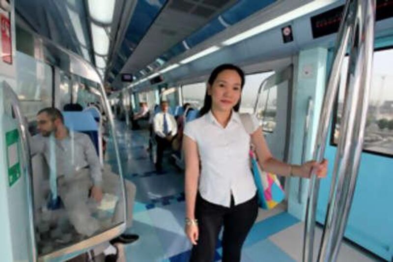 
DUBAI, UNITED ARAB EMIRATES, May 20: Jen Cuizon traveling by metro to her office from Rashidiya metro station to Mall of the Emirates station in Dubai. (Pawan Singh / The National) For Personal Finance. 