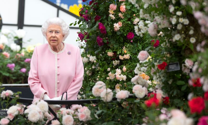 Queen Elizabeth looks at a display of roses in 2018. Getty Images
