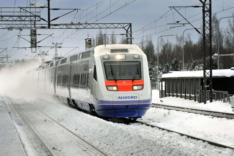 An Allegro train travels at a railway station in Helsinki. Timo Jaakonaho / Lehtikuva / Reuters