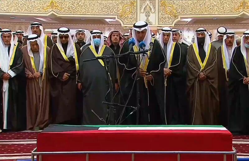 Kuwait's new Emir and former Crown Prince Meshal Al Ahmad Al Sabah stood behind the imam leading prayers. Photo: Kuna / X 