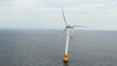 Hywind, a joint enterprise between Norwegian company Equinor and Masdar, the UAE renewable energy group – creates enough energy to power 22,000 homes from five turbines each tethered to the sea floor with three mooring chains.