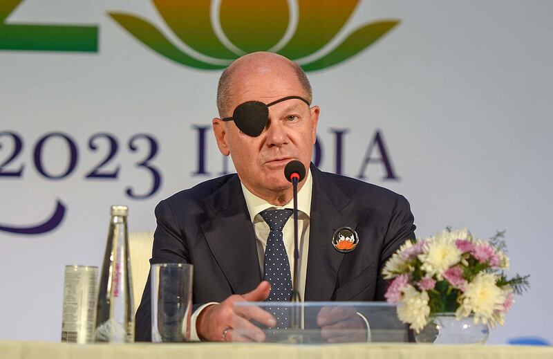 German Chancellor Olaf Scholz addresses a press conference during the G20 Summit in New Delhi. EPA