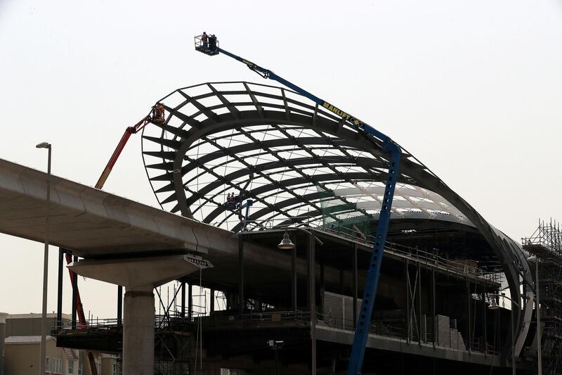 DUBAI , UNITED ARAB EMIRATES , JUNE 28 – 2018 :- Workers working at the under construction Dubai metro station EXPO 2020 route going from Discovery Gardens and Al Furjan area in Dubai. ( Pawan Singh / The National )  For Standalone / Big Picture