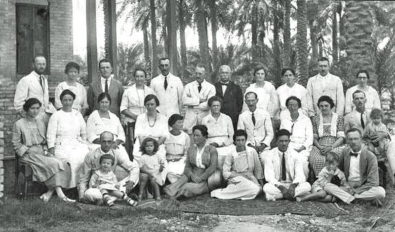 Members of the American Mission at Basra for their annual meeting in 1922. Sarah Hosmon is seated in the second row, second from the left, with Dr Louis Dame standing, second from the right. Both practised medicine in what is now the UAE.