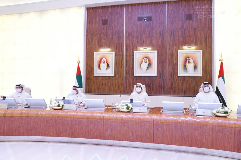 L-R: Sheikh Mansour bin Zayed, Deputy Prime Minister and Minister of Presidential Affairs; Sheikh Saif bin Zayed, Deputy Prime Minister and Minister of Interior; Sheikh Mohammed bin Rashid, Prime Minister and Ruler of Dubai; and Mohammed Al Gergawi, Minister of Cabinet Affairs and the Future, attend a UAE Cabinet meeting at Qasr Al Watan in Abu Dhabi on Tuesday. Courtesy: Dubai Media Office