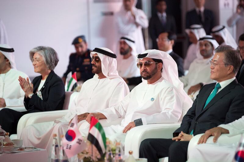 AL DHAFRA, ABU DHABI, UNITED ARAB EMIRATES - March 26, 2018: HE Moon Jea-In, President of South Korea (R), HH Sheikh Hamdan bin Zayed Al Nahyan, Ruler’s Representative in Al Dhafra Region  (2nd R) and HH Sheikh Nahyan Bin Zayed Al Nahyan, Chairman of the Board of Trustees of Zayed bin Sultan Al Nahyan Charitable and Humanitarian Foundation (3rd R), attend the Unit One Construction Completion Celebration, at Barakah Nuclear Energy Plant. 

( Abdullah Al Junaibi )
---