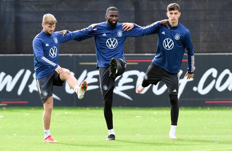 Soccer Football - World Cup - UEFA Qualifiers - Germany Training - Hamburg, Germany - October 6, 2021 Germany's Timo Werner, Antonio Rudiger and Kai Havertz during training REUTERS / Fabian Bimmer