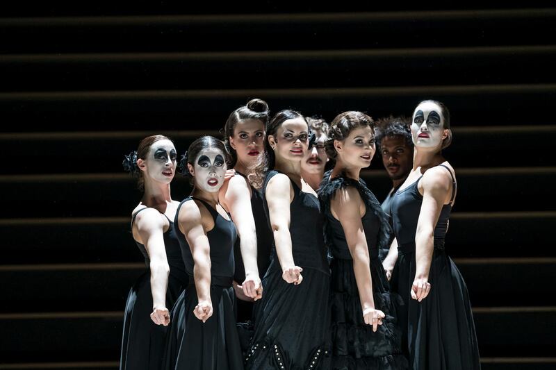 Jacquelyn Stucker as Frasquita, Anna Goryachova as Carmen, Aigul Akhmetshina as Mercédès (C) Royal Opera House. Photo by Bill Cooper