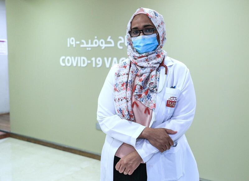 Abu Dhabi, United Arab Emirates, December 13, 2020.   Doctors and UAE residents get Covid-19 vaccinated at the Burjeel Hospital, Al Najdah Street, Abu Dhabi.   Dr. Haifaa Fadl Nourin of the Covid-19 vaccination clinic.
Victor Besa/The National
Section:  NA