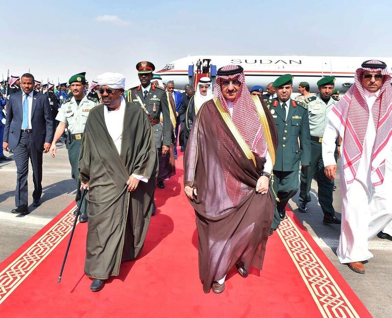 The Sudanese president Omar Hassan Al Bashir arrived in Riyadh on Tuesday where he was met by crown prince Mohammed bin Nayef. Hundreds of Sudanese troops arrived in Yemen last month to join the coalition forces. Saudi Press Agency/Handout/EPA   

S