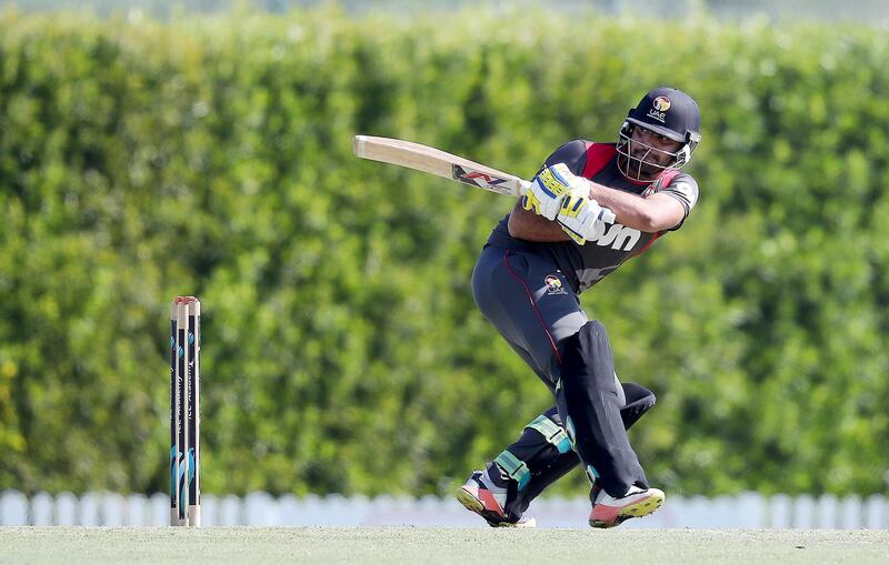 DUBAI , UNITED ARAB EMIRATES , JAN 11 – 2018 :- Adnan Mufti of UAE playing a shot during the one day international cricket match between UAE vs Ireland held at ICC Academy in Dubai Sports City in Dubai.  (Pawan Singh / The National) For Sports. Story by Paul Radley