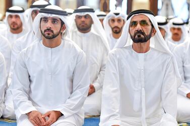 Sheikh Hamdan and Sheikh Mohammed perform Eid Al Adha prayers at Zabeel Mosque. Courtesy: Wam