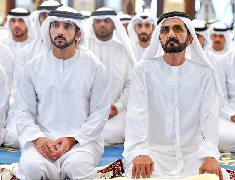 Vice President and Ruler of Dubai Sheikh Mohammed bin Rashid performs Eid Al Adha prayers alongside Crown Prince of Dubai Sheikh Hamdan bin Mohammed at Zabeel Mosque. Wam