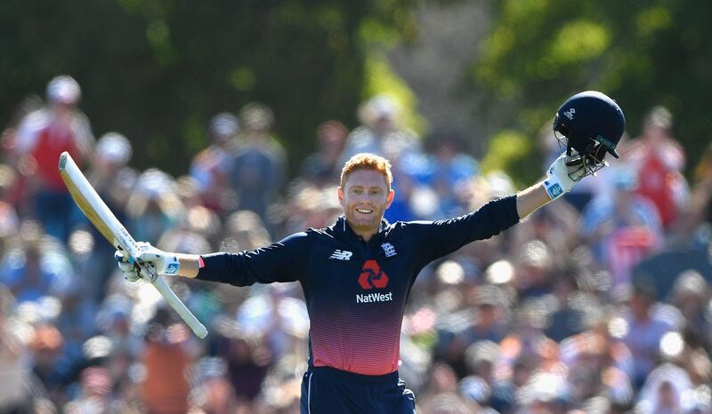 CHRISTCHURCH, NEW ZEALAND - MARCH 10:  England batsman Jonny Bairstow celebrates his century during the 5th ODI between New Zealand and England at Hagley Oval on March 10, 2018 in Christchurch, New Zealand.  (Photo by Stu Forster/Getty Images)