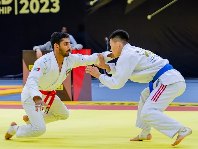 UAE's Khaled Al Shehhi in action against Korean Jun Yang Byeong in the men’s 62kg category en route to winning gold at the JJIF Youth World Championship in Astana, Kazakhstan, on Friday, August 25, 2023. Photo: UAEJJF