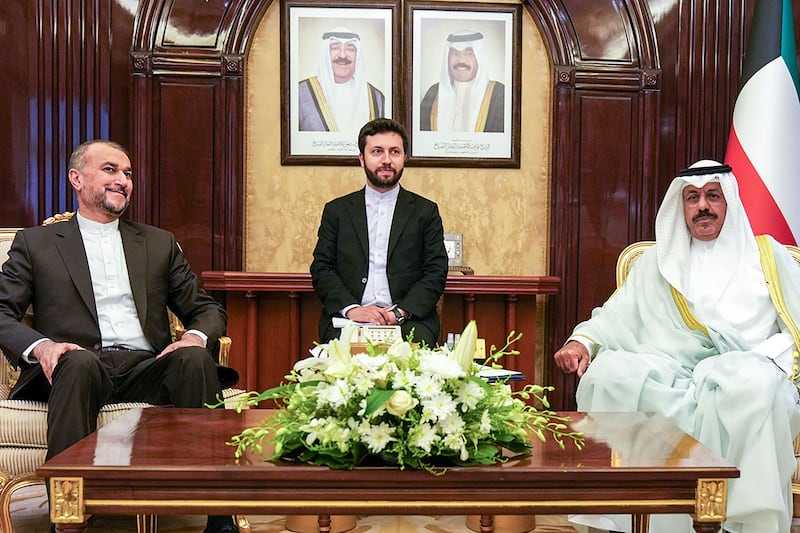 Kuwaiti Prime Minister Sheikh Ahmad Nawaf Al Sabah meets Iran's Foreign Minister Hossein Amirabdollahian, in Kuwait City on Wednesday. AFP