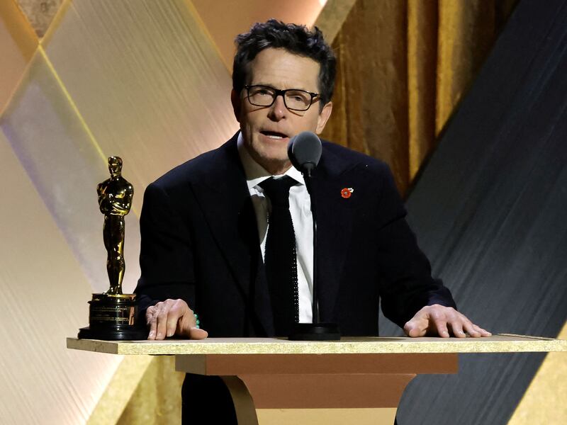 Actor Michael J  Fox accepts the Jean Hersholt Humanitarian Award during the 13th Governors Awards. Photo: Getty