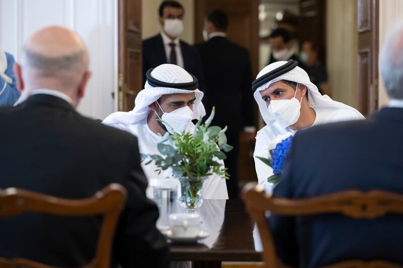 Sheikh Zayed bin Mohamed and Ali Al Shamsi, deputy secretary general of the Supreme National Security Council, attend a meeting with Mr Mitsotakis.
