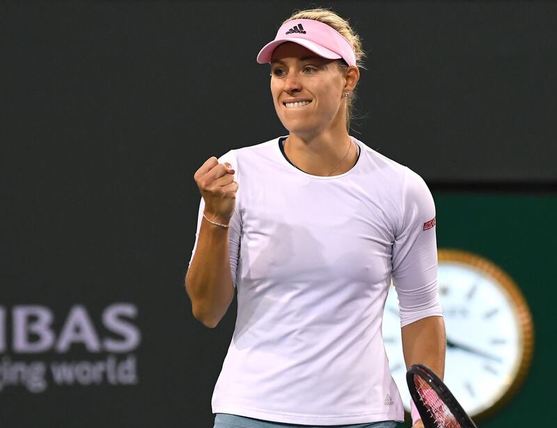 Mar 15, 2019; Indian Wells, CA, USA; Angelique Kerber (GER) reacts at match point as she defeats Belinda Bencic (not pictured) in her semifinal match in the BNP Paribas Open at the Indian Wells Tennis Garden. Mandatory Credit: Jayne Kamin-Oncea-USA TODAY Sports