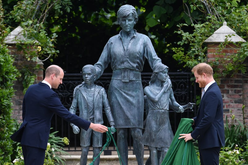 2021: Prince William and Prince Harry unveil a statue they commissioned of their mother Princess Diana, in the Sunken Garden at Kensington Palace, on what would have been her 60th birthday. Getty Images