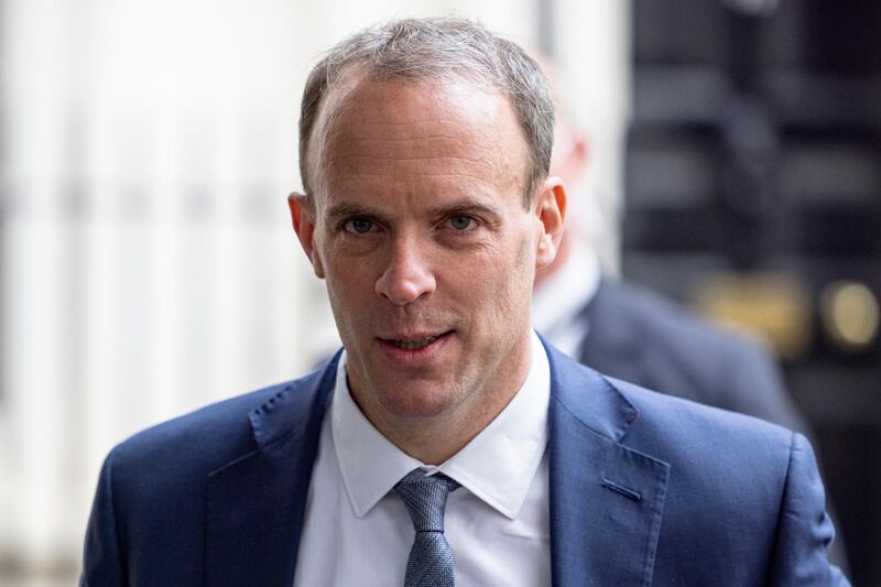 LONDON, ENGLAND - MAY 27: Foreign Secretary Dominic Raab in Downing Street on May 27, 2021 in London, England. (Photo by Rob Pinney/Getty Images)