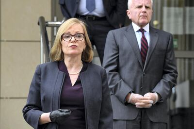 Britain's ambassador to Russia Deborah Bronnert speaks to the media outside the Moscow City Court in Moscow on June 15, 2020. - A Russian court on June 15, 2020 sentenced former US marine Paul Whelan to 16 years in a penal colony in an espionage trial he dismissed as a "sham". The Moscow City Court found Whelan guilty of receiving classified information, as he stood in the courtroom defendant's cage with a sign that read "Sham trial!" and called on the US president to intervene. (Photo by Kirill KUDRYAVTSEV / AFP)