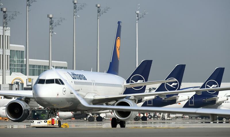 Aircrafts of German airline Lufthansa are seen at "Franz-Josef-Strauss" airport in Munich, southern Germany, on September 9, 2020, amid the novel coronavirus Covid-19 pandemic.  / AFP / Christof STACHE
