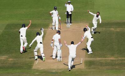 SOUTHAMPTON, ENGLAND - SEPTEMBER 02:  India batsman Virat Kohli is caught by Alastair Cook (l) off the bowling of Moeen Ali after review during the 4th Specsavers Test Match between England and India at The Ageas Bowl on September 2, 2018 in Southampton, England.  (Photo by Stu Forster/Getty Images)