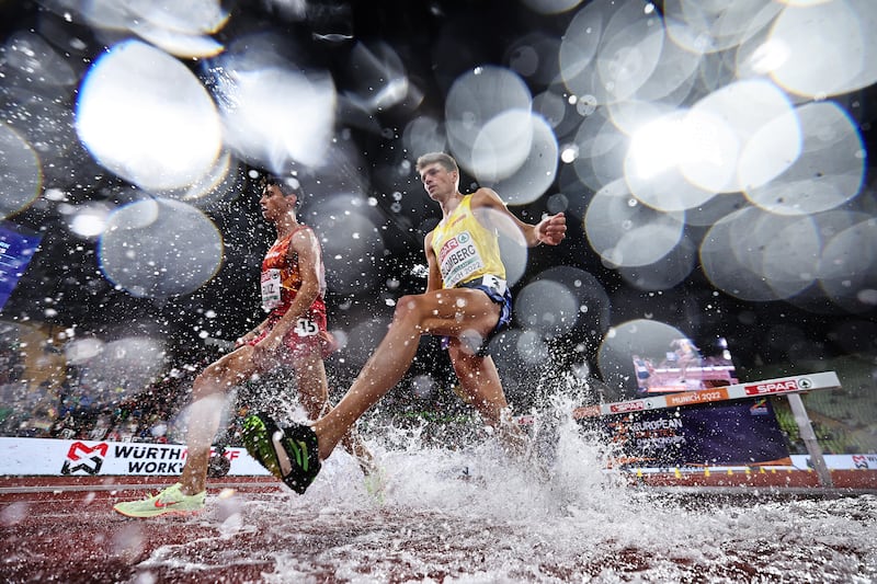 Victor Ruiz of Spain and Emil Blomberg of Sweden compete in the Men's 3,000m Steeplechase Final during the athletics competition on the ninth day of the European Championships in Munich, Germany. Getty Images 