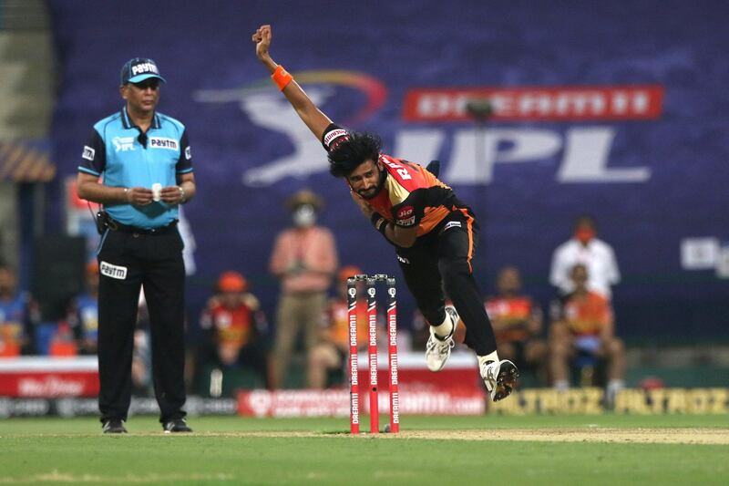 Syed Khaleel Ahmed of Sunrisers Hyderabad  bowls during the match 11 of season 13 of Indian Premier League (IPL) between the Delhi Capitals and the Sunrisers Hyderabadheld at the Sheikh Zayed Stadium, Abu Dhabi  in the United Arab Emirates on the 29th September 2020.  Photo by: Pankaj Nangia  / / Sportzpics for BCCI