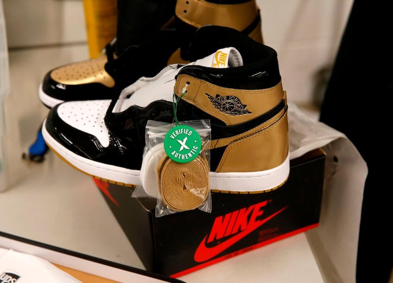 A pair of Air Jordan 1 Retro shoes are seen before being packed to ship out of Stock X in Detroit, Michigan. AFP