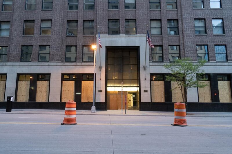 A building in downtown Minneapolis has been boarded up before the verdict in the Derek Chauvin trial. Willy Lowry / The National