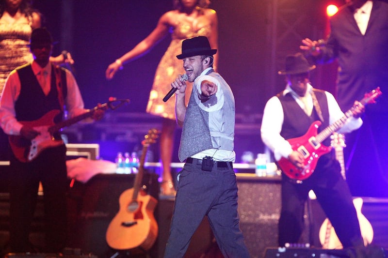 ABU DHABI, UNITED ARAB EMIRATES - DECEMBER 06: Justin Timberlake performs on stage at the closing night of his FutureSex/LoveShow World Tour in the grounds of Emirates Palace Hotel on December 6, 2007 in Abu Dhabi, United Arab Emirates. (Photo by Dave Hogan/Getty Images)