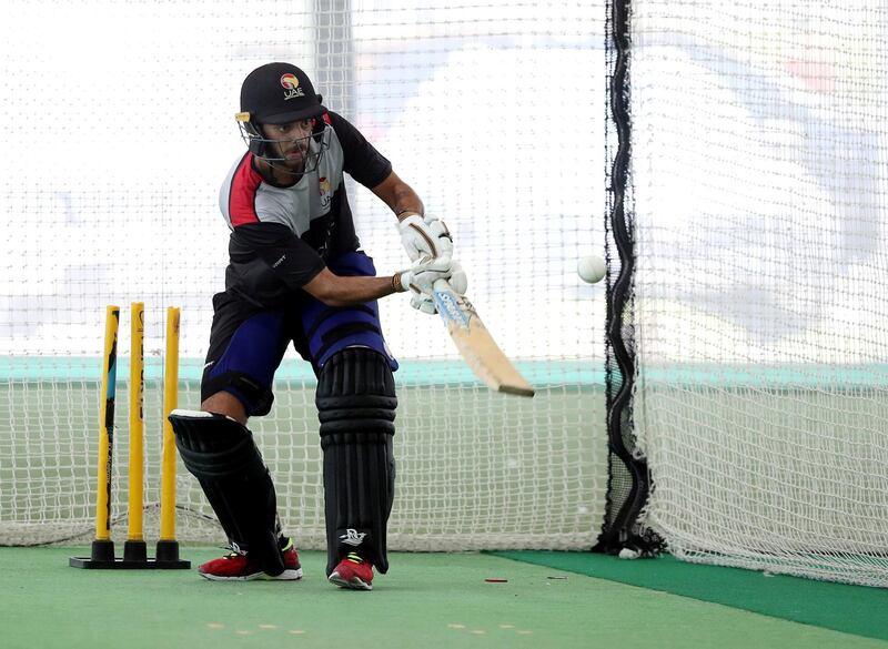 Dubai, United Arab Emirates - Reporter: Paul Radley. Sport.  Chirag Suri bats. The UAE cricket team are back at training at the ICC academy after the government have eased restrictions due to Coivd-19/Coronavirus. Sunday, June 7th, 2020. Dubai. Chris Whiteoak / The National