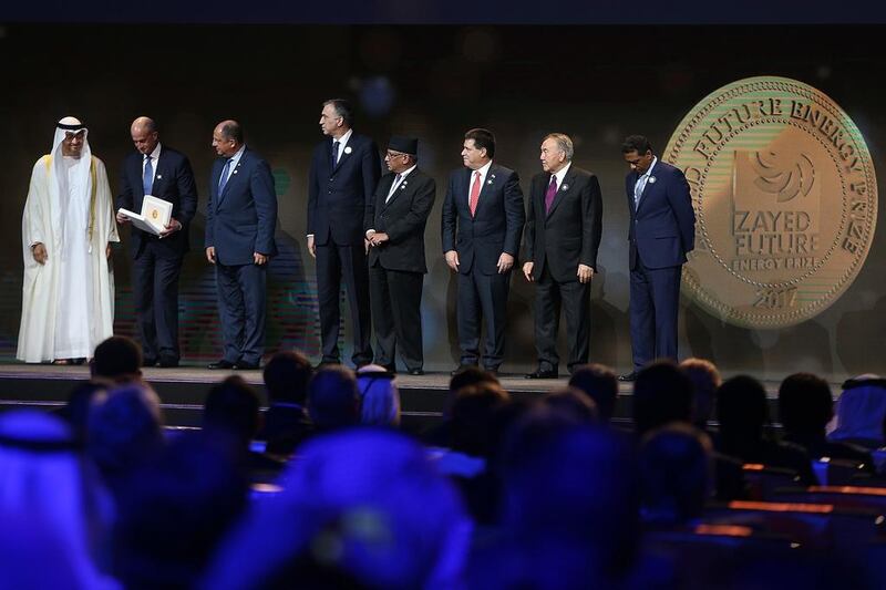 Sheikh Mohammed bin Zayed, Crown Prince of Abu Dhabi and Deputy Supreme Commander of the Armed Forces, with some of the business winners of the <a href="http://www.thenational.ae/business/energy/abu-dhabi-sustainability-week-2017-zayed-future-energy-prize--live-video">Zayed Future Energy Prize.</a> Delores Johnson / The National