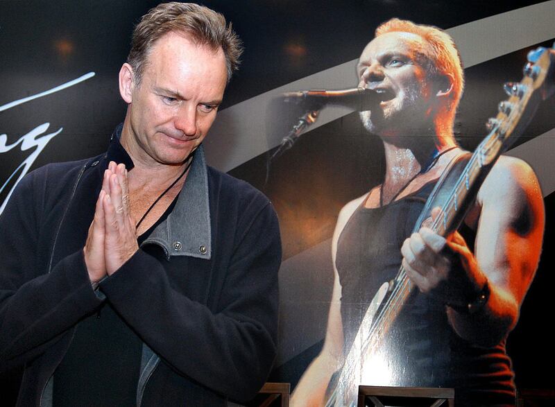 Sting greets journalists with the traditional 'namaste' during a press conference held a day prior to his performance in Bangalore on February 3, 2005. EPA
