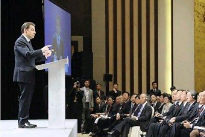 The French president Nicolas Sarkozy delivers a speech at the G20 meeting on global monetary reform in Nanjing, China.