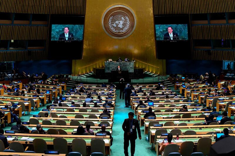 (FILES) In this file photo taken on September 23, 2017 North Korea's Foreign Minister Ri Yong Ho addresses the 72nd session of the United Nations General assembly at the UN headquarters in New York.   North Korea and Iran will dominate this week's gathering of world leaders at the United Nations, where US President Donald Trump will be firmly in the spotlight as he continues to upend global diplomacy.  / AFP / Jewel SAMAD
